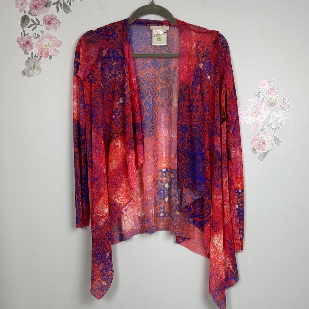 Fuzzi Red/Blue Geometric Print Sheer Mesh Tiered Long Sleeve Open Cardigan - M